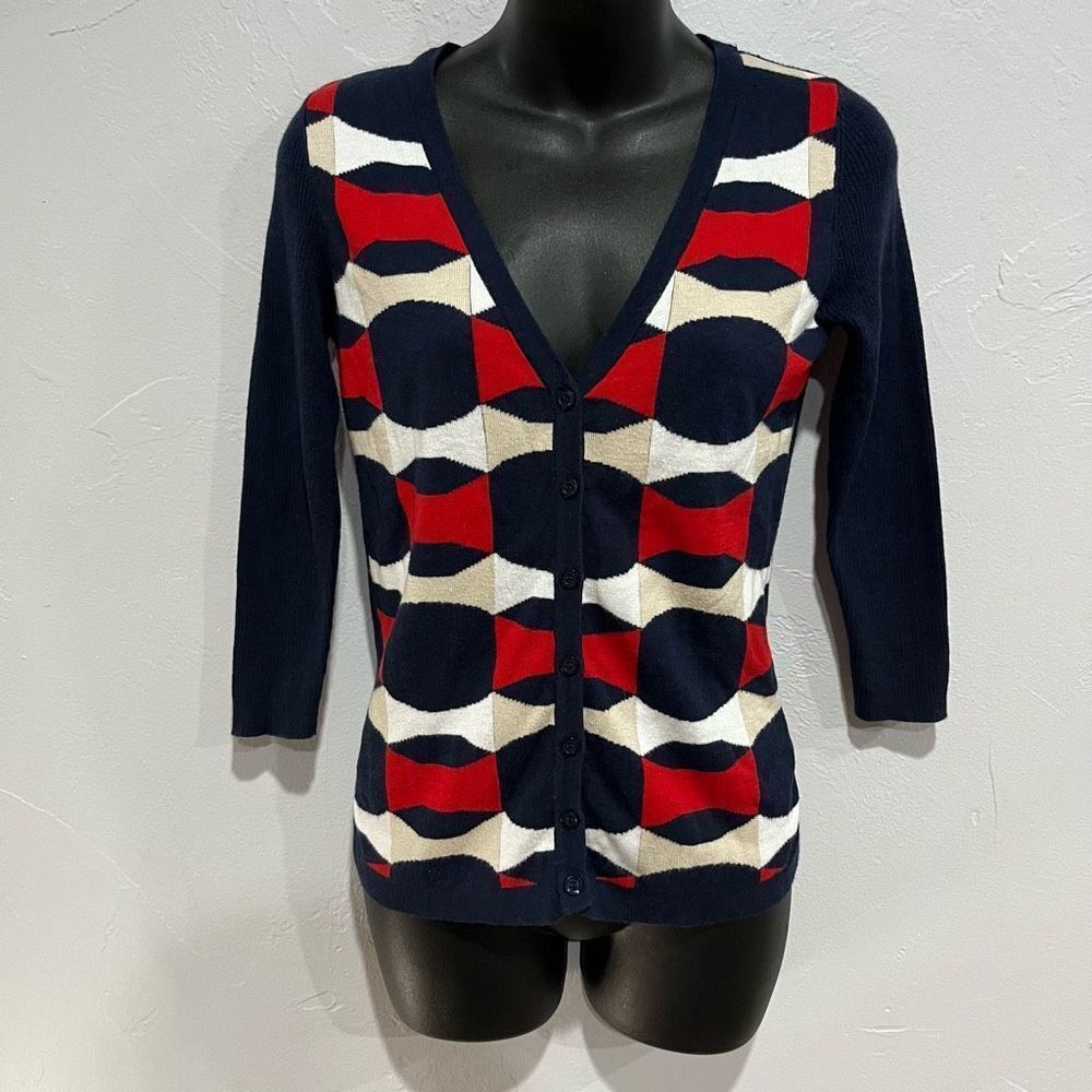The Limited Women’s Navy Red Ivory 3/4 Sleeve Cardigan Sweater Size Small​